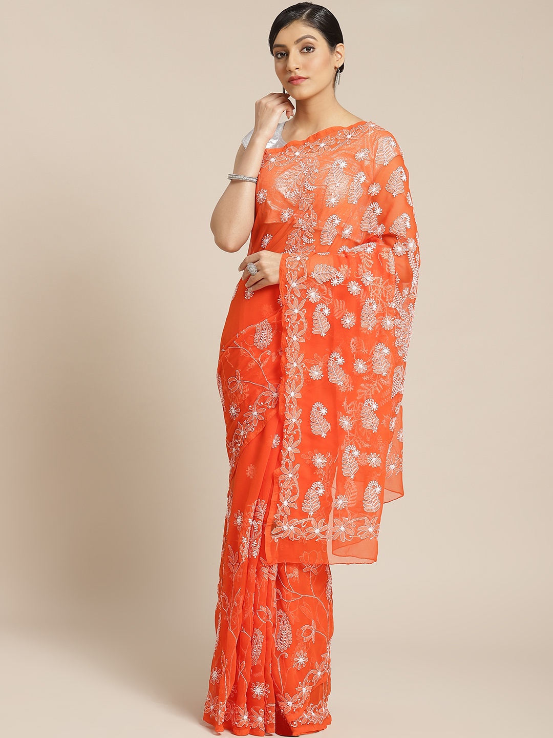 

ADA Orange & White Poly Georgette Embroidered Saree