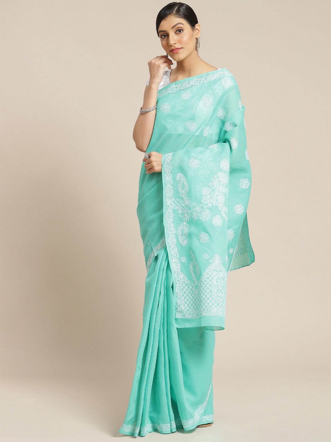 

ADA Green & White Pure Cotton Chikankari Embroidered Sustainable Saree
