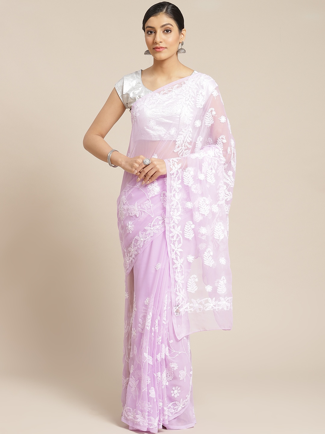 

ADA Lavender & White Chikankari Embroidered Handloom Saree