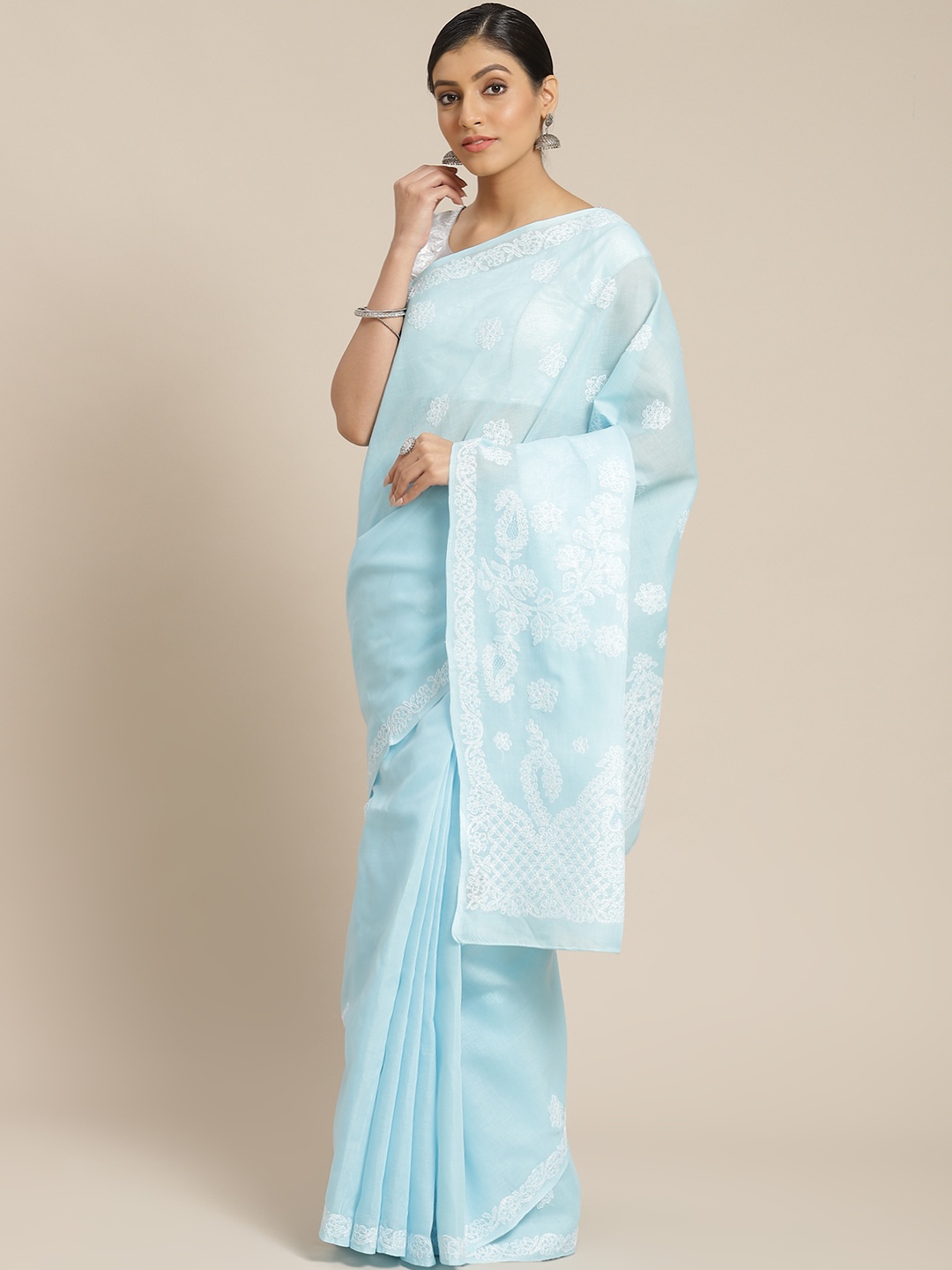 

ADA Blue & White Pure Cotton Chikankari Embroidered Sustainable Saree