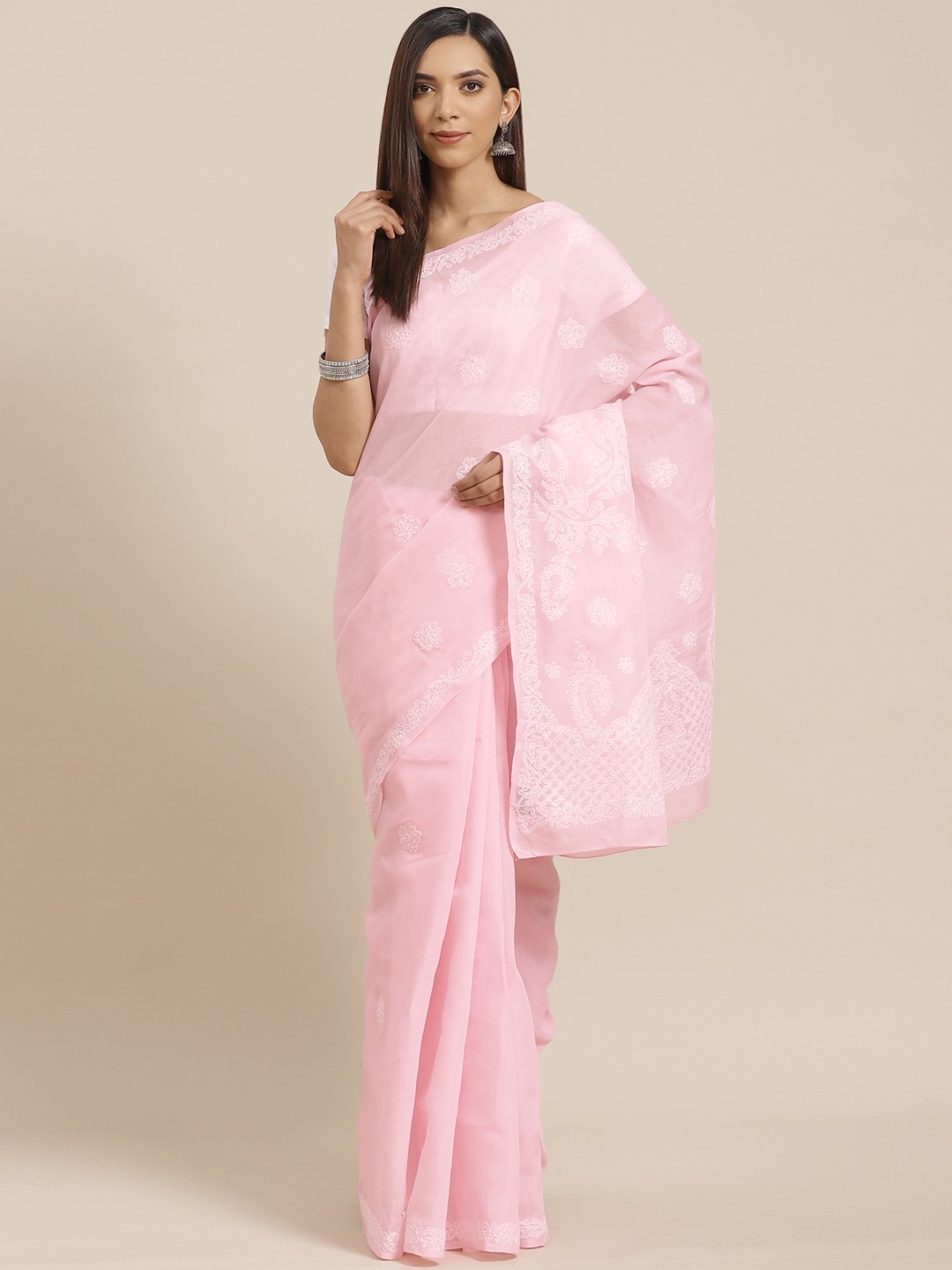 

ADA Pink & White Pure Cotton Chikanakri Hand Embroidered Sustainable Saree