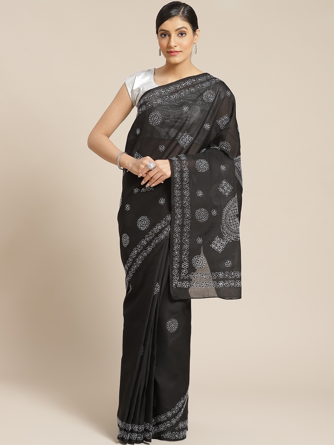 

ADA Black & White Pure Cotton Chikankari Embroidered Sustainable Handloom Saree