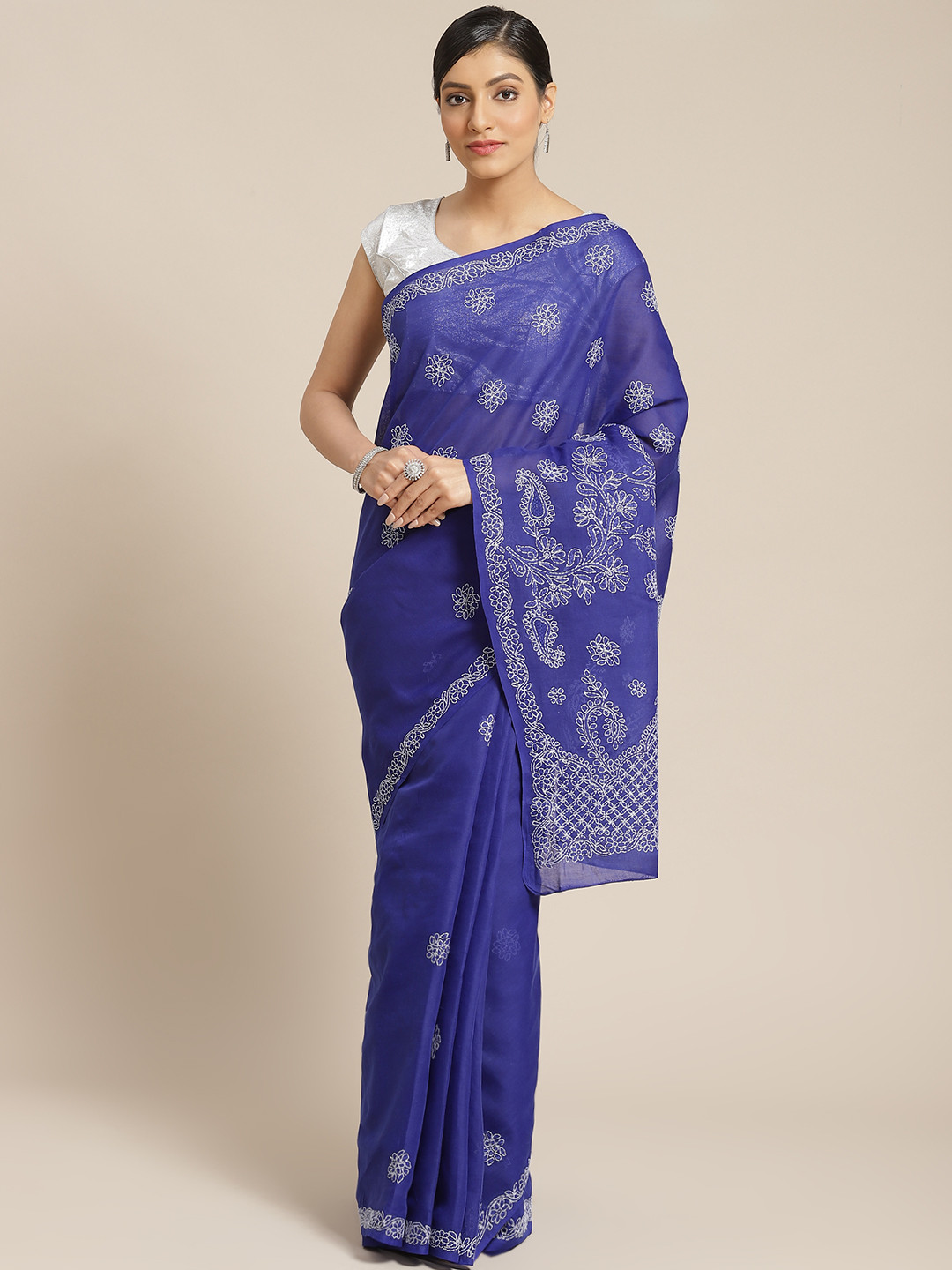 

ADA Blue & White Pure Cotton Chikankari Embroidered Sustainable Handloom Saree