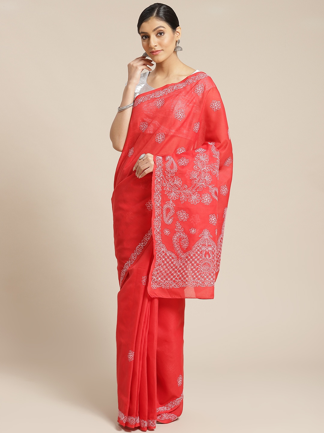 

ADA Red & White Pure Cotton Chikankari Embroidered Sustainable Handloom Saree