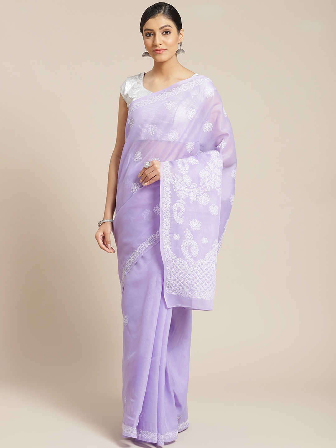 

ADA Lavender & White Pure Cotton Chikankari Embroidered Sustainable Saree