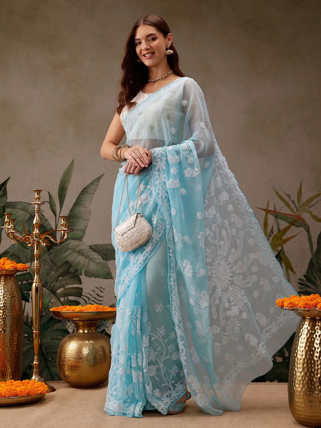 

ADA Blue & White Chikankari Embroidered Handloom Saree