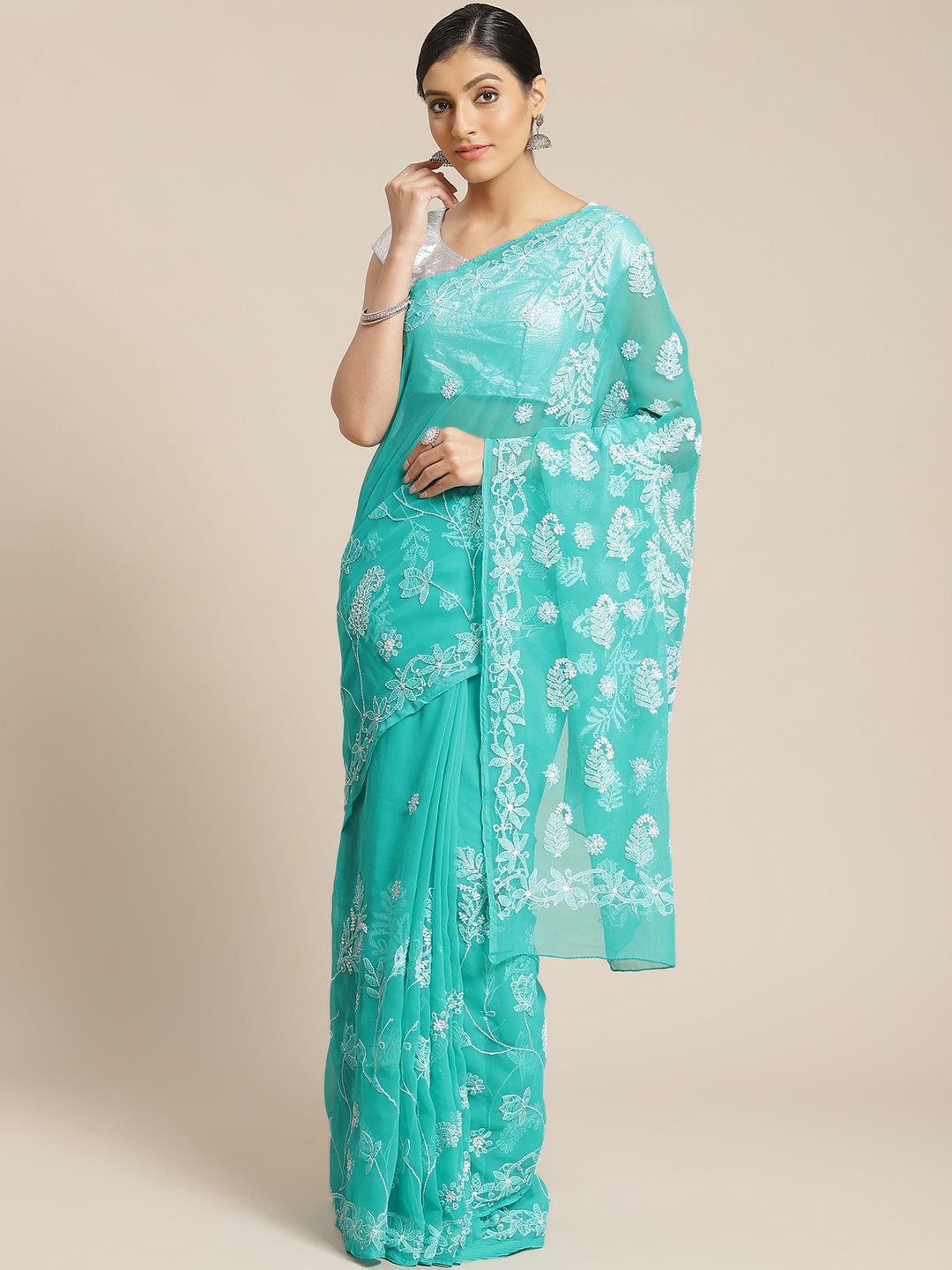 

ADA Green & White Chikankari Embroidered Handloom Saree