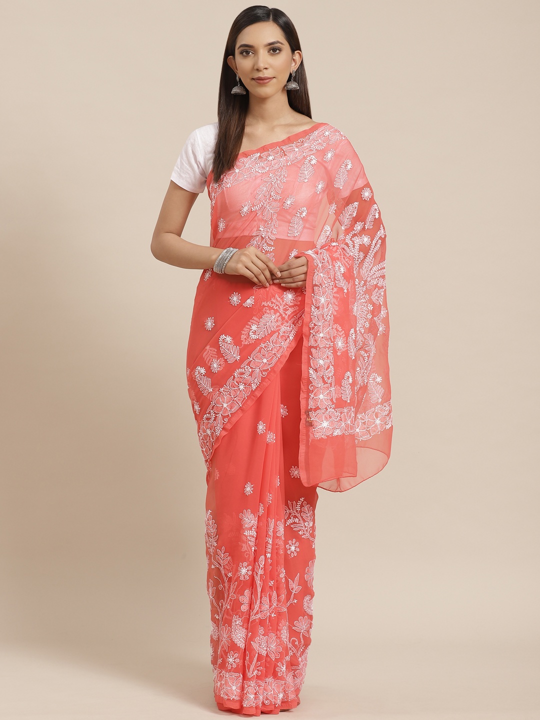 

ADA Coral Pink & White Chikankari Hand Embroidered Handloom Saree