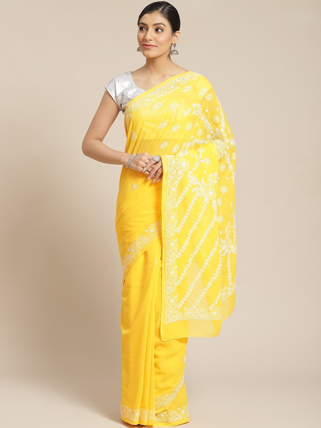 

ADA Mustard Yellow & White Chikankari Embroidered Sustainable Handloom Saree