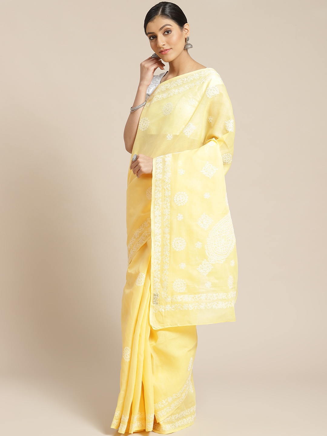 

ADA Yellow & White Pure Cotton Chikankari Embroidered Sustainable Saree