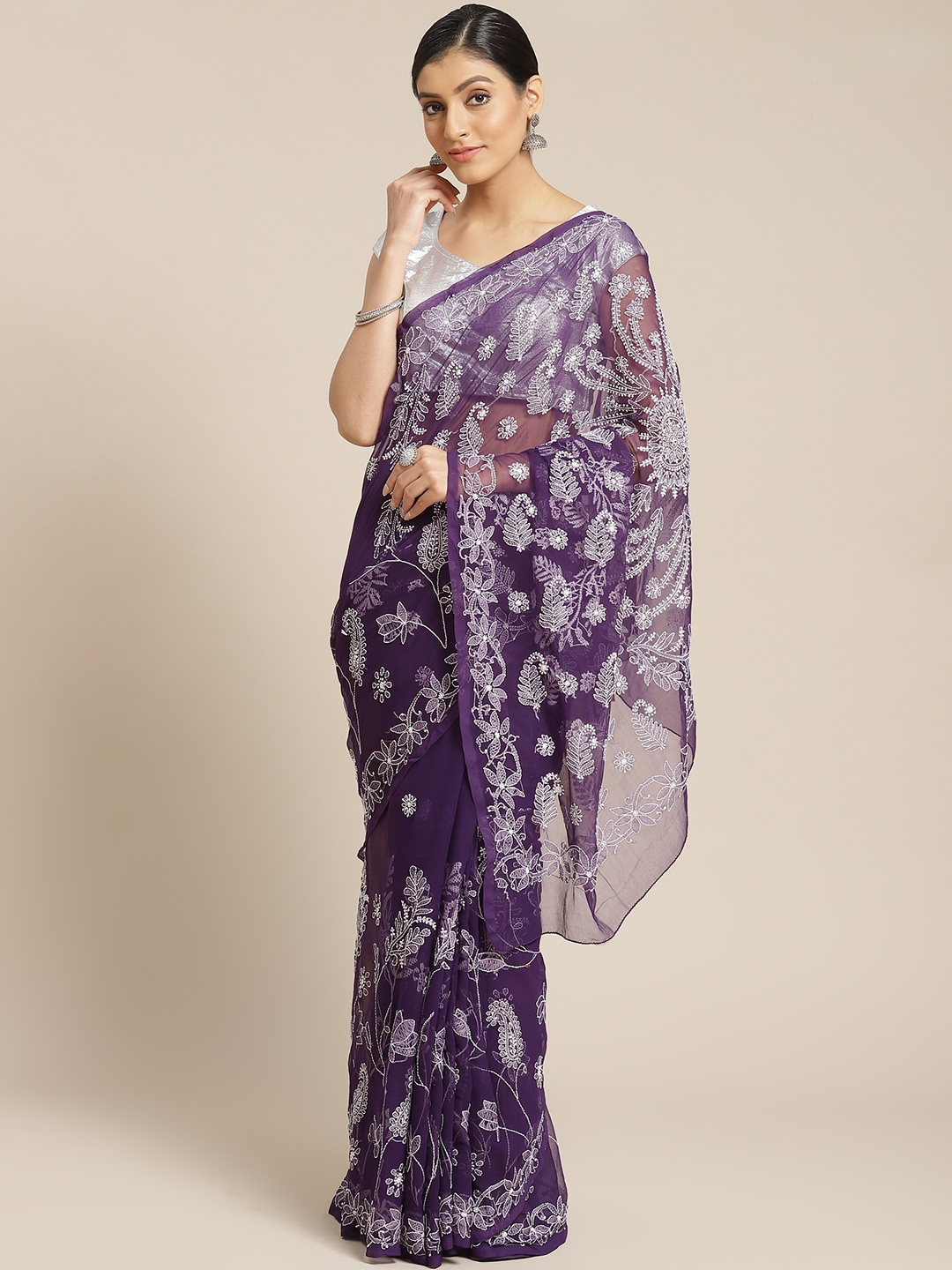 

ADA Purple & White Chikankari Embroidered Saree