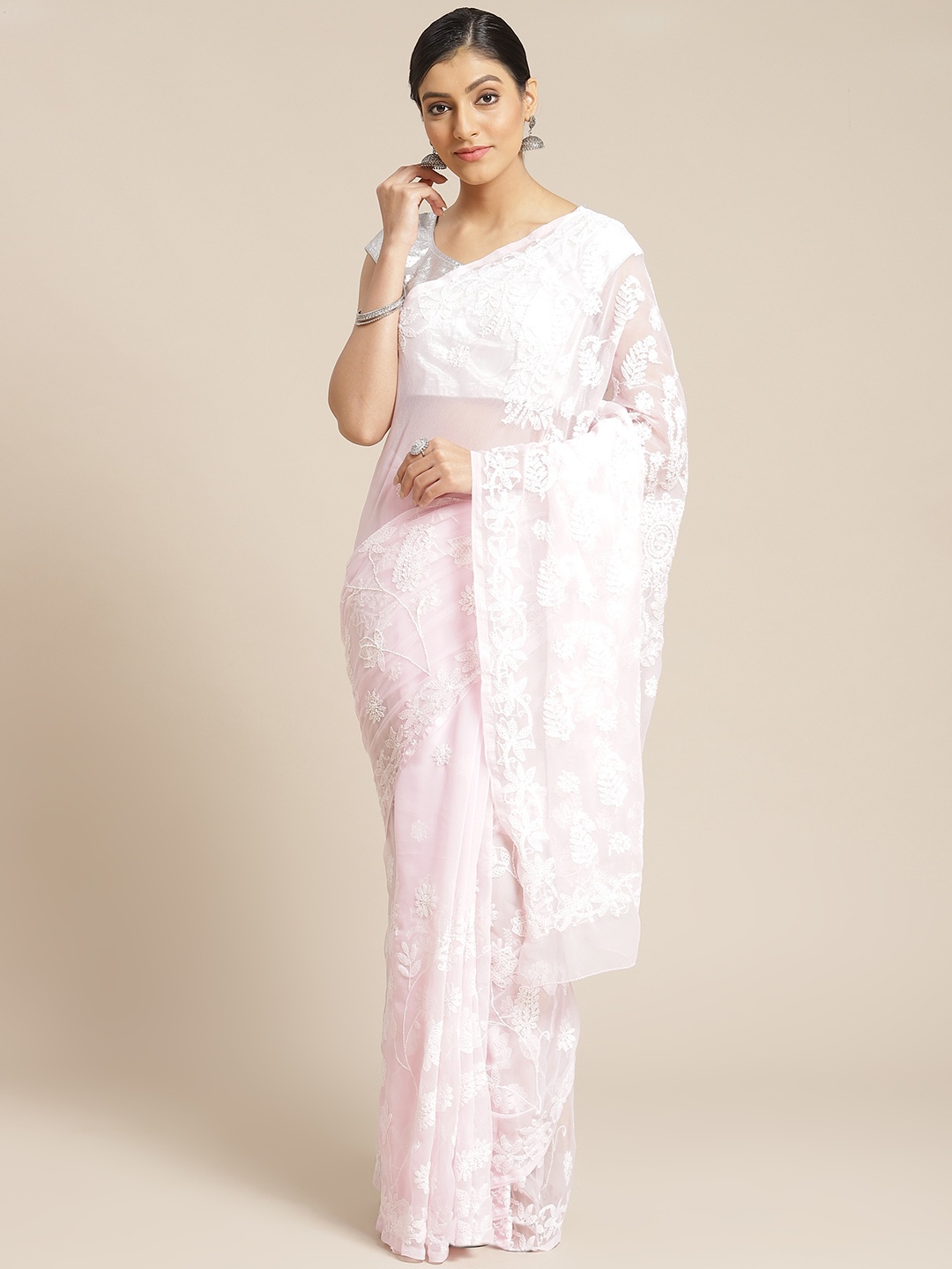 

ADA Pink & White Chikankari Embroidered Saree