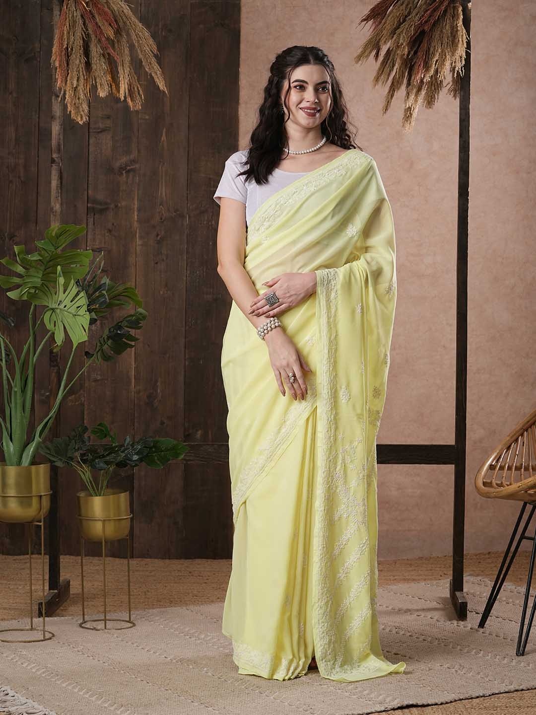 

ADA Yellow & White Chikankari Hand Embroidered Sustainable Handloom Saree