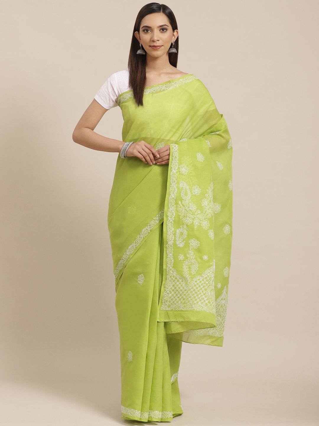 

ADA Green & White Pure Cotton Chikankari Hand Embroidered Sustainable Saree