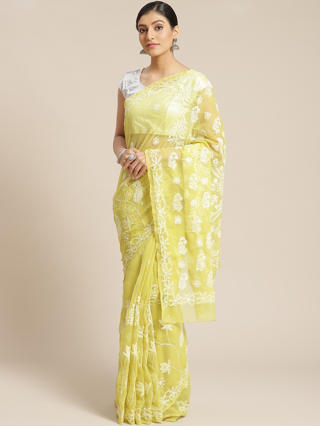 

ADA Lime Green & White Chikankari Embroidered Handloom Saree