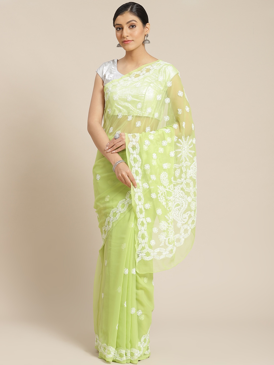 

ADA Green & White Chikankari Hand Embroidered Saree