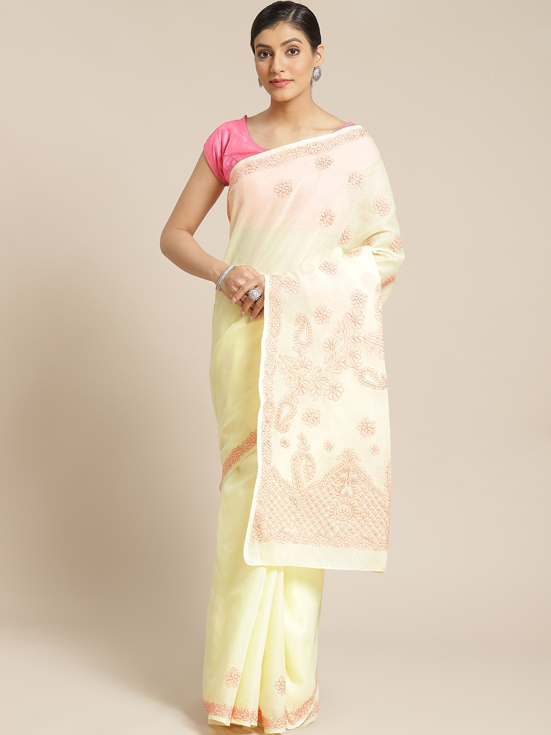 

ADA Yellow & Coral Orange Pure Cotton Chikankari Embroidered Sustainable Handloom Saree