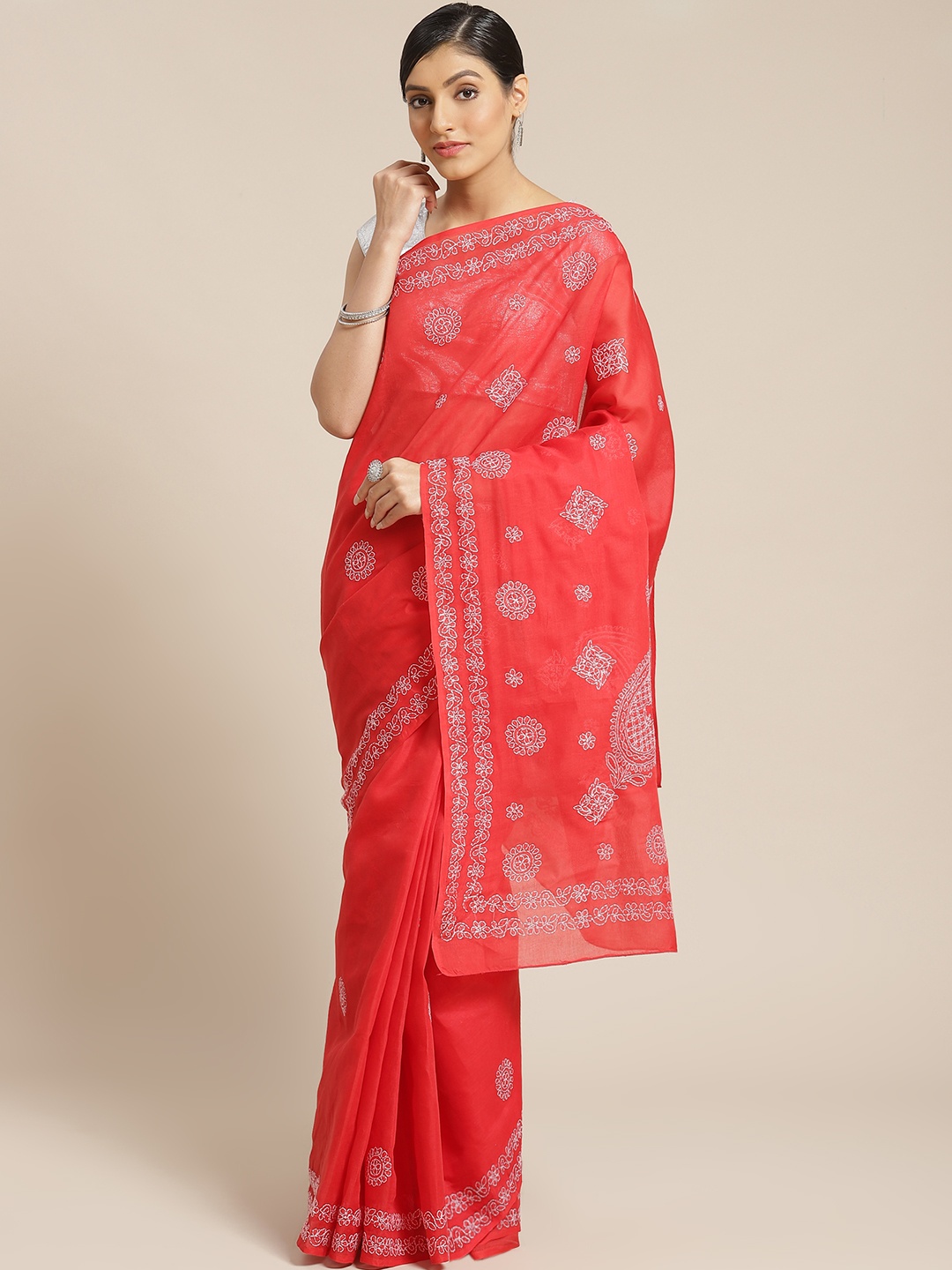 

ADA Red & White Pure Cotton Chikankari Hand Embroidered Sustainable Saree