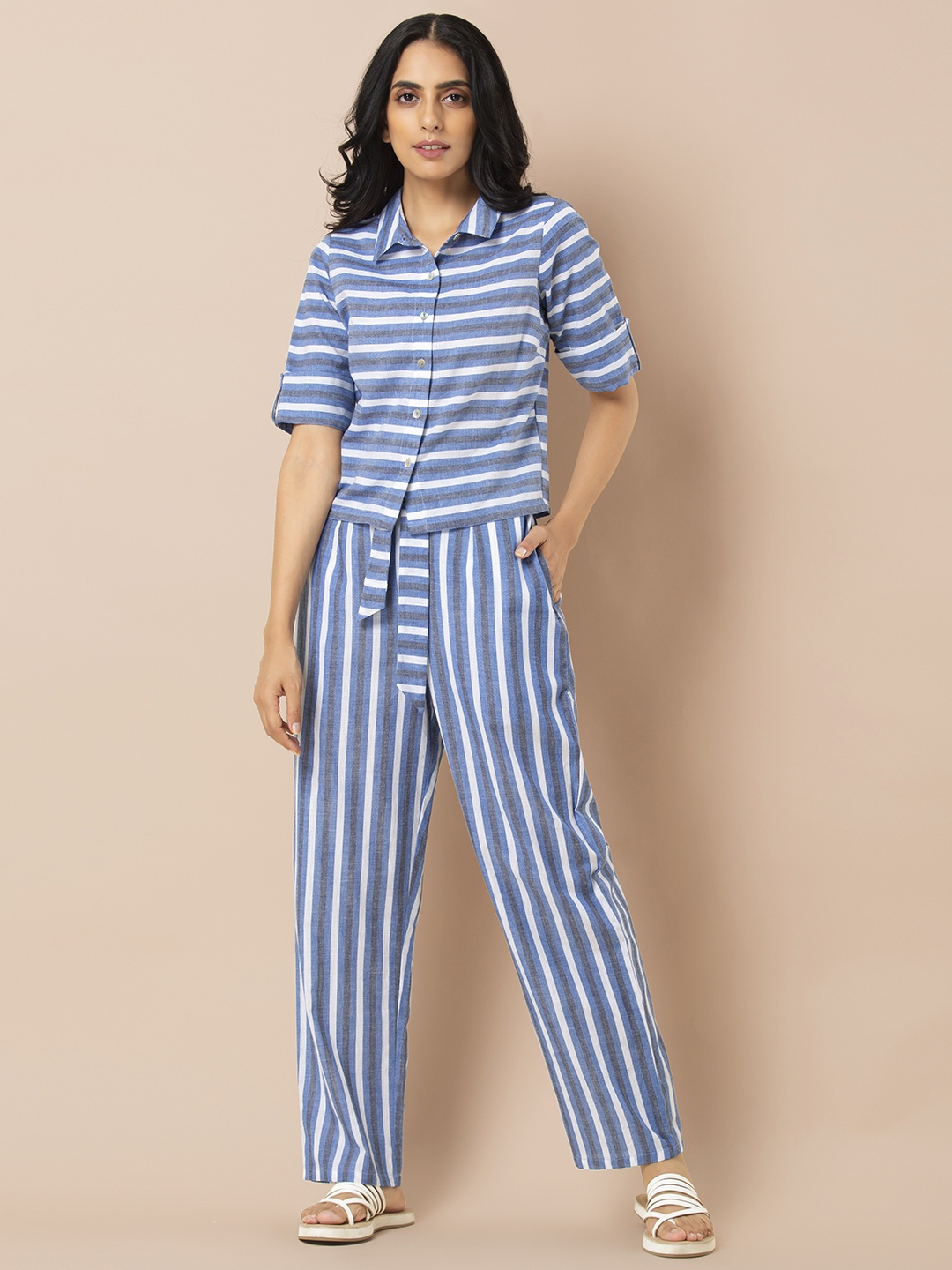 

INDYA Women Blue & White Striped Shirt with Trousers