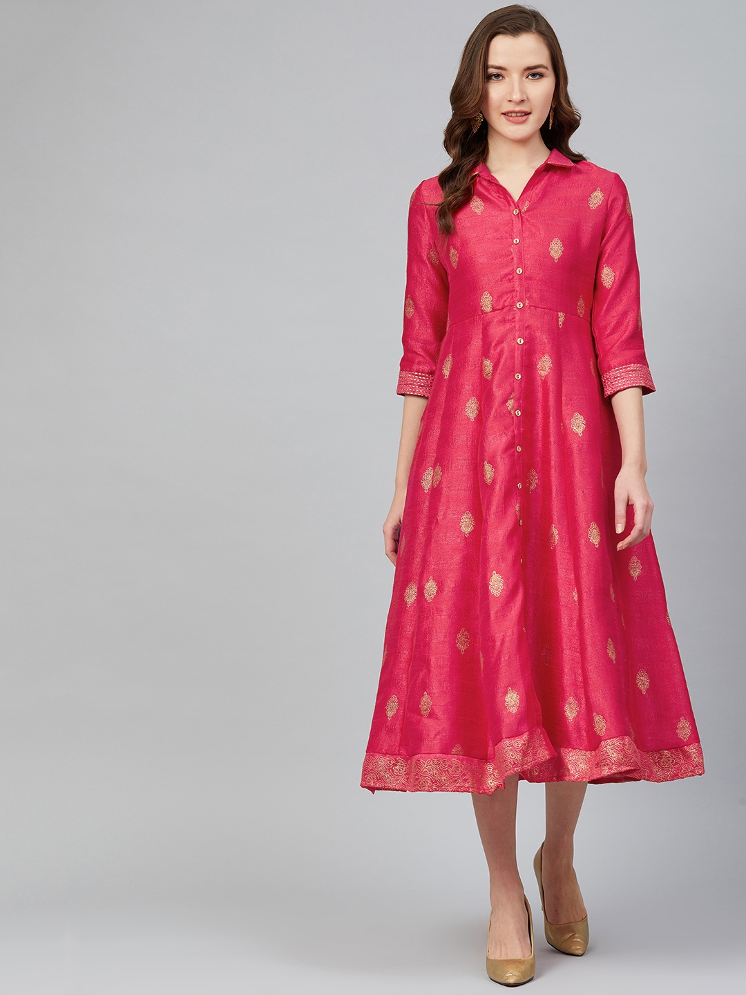 

Rangriti Women Pink & Golden Printed Shirt Dress