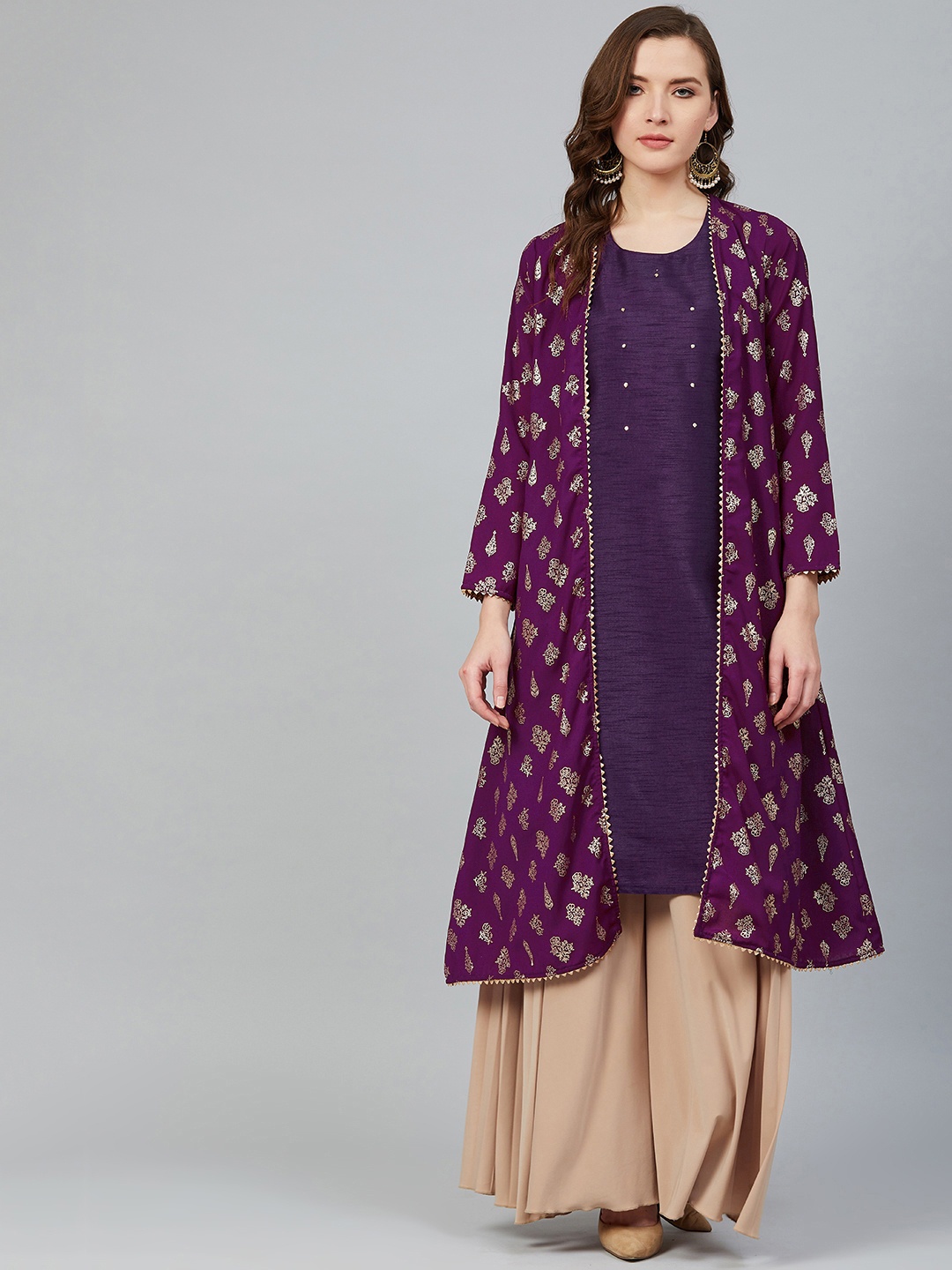 

Rangriti Women Purple & Golden Printed A-Line Kurta with Longline Ethnic Jacket