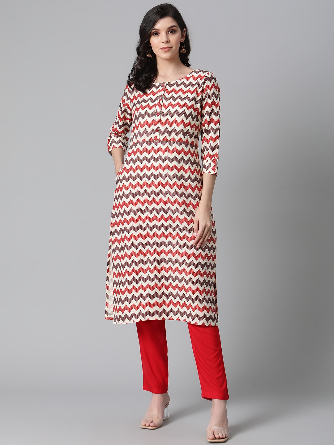 

clorals Women Off-White & Red chevron Printed Straight Kurta with Trousers