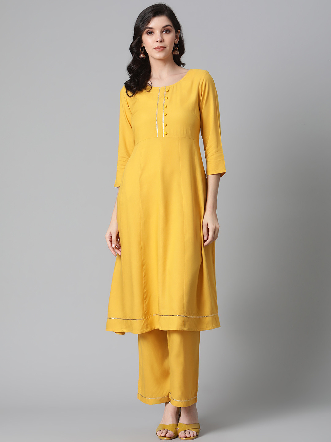 

clorals Women Mustard Yellow & Golden Solid A-Line Kurta with Palazzos