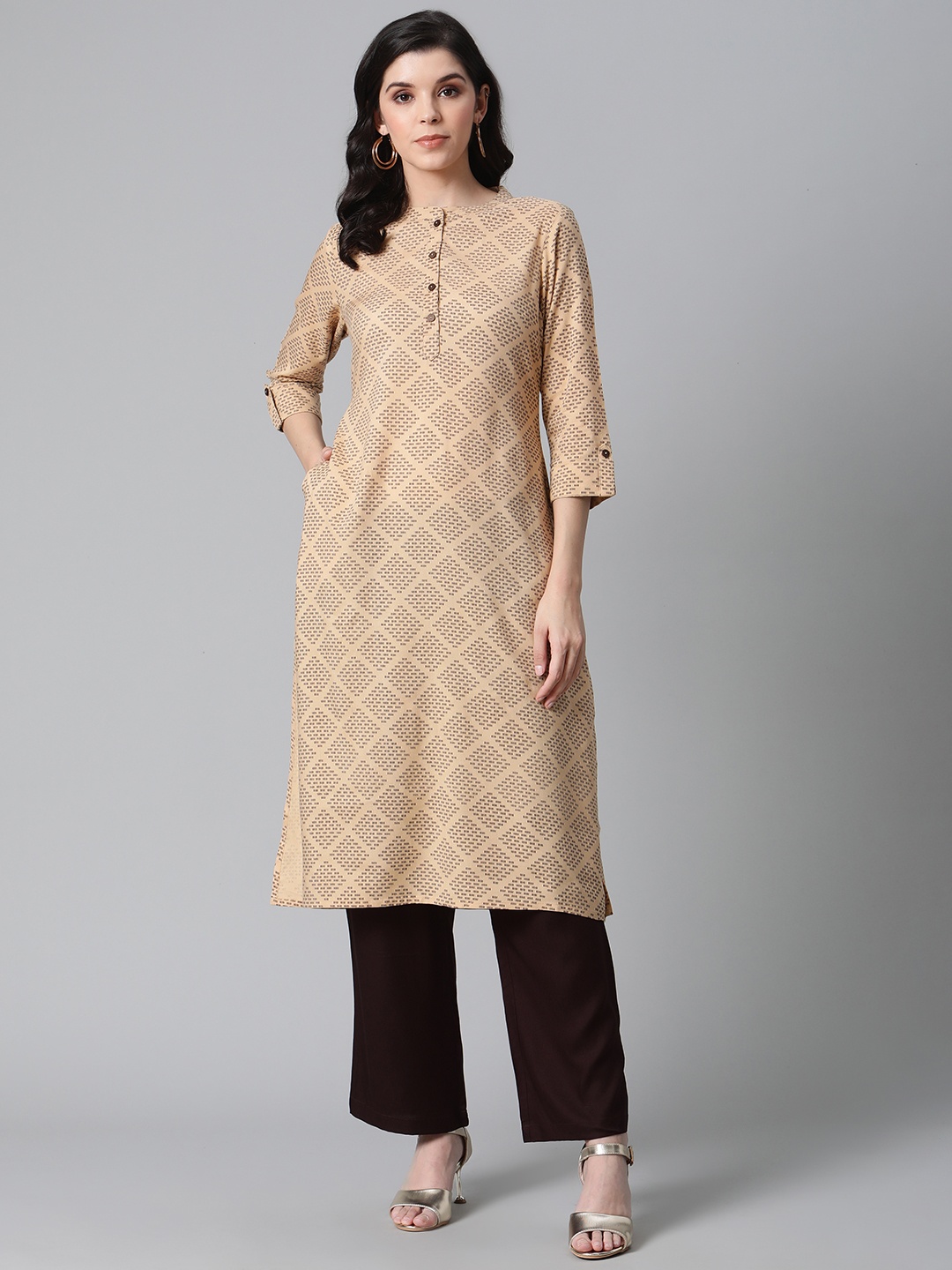

clorals Women Beige & Coffee Brown Printed Kurta with Palazzos