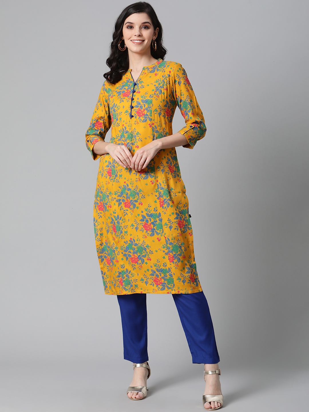 

clorals Women Mustard Yellow & Blue Printed Kurta with Trousers