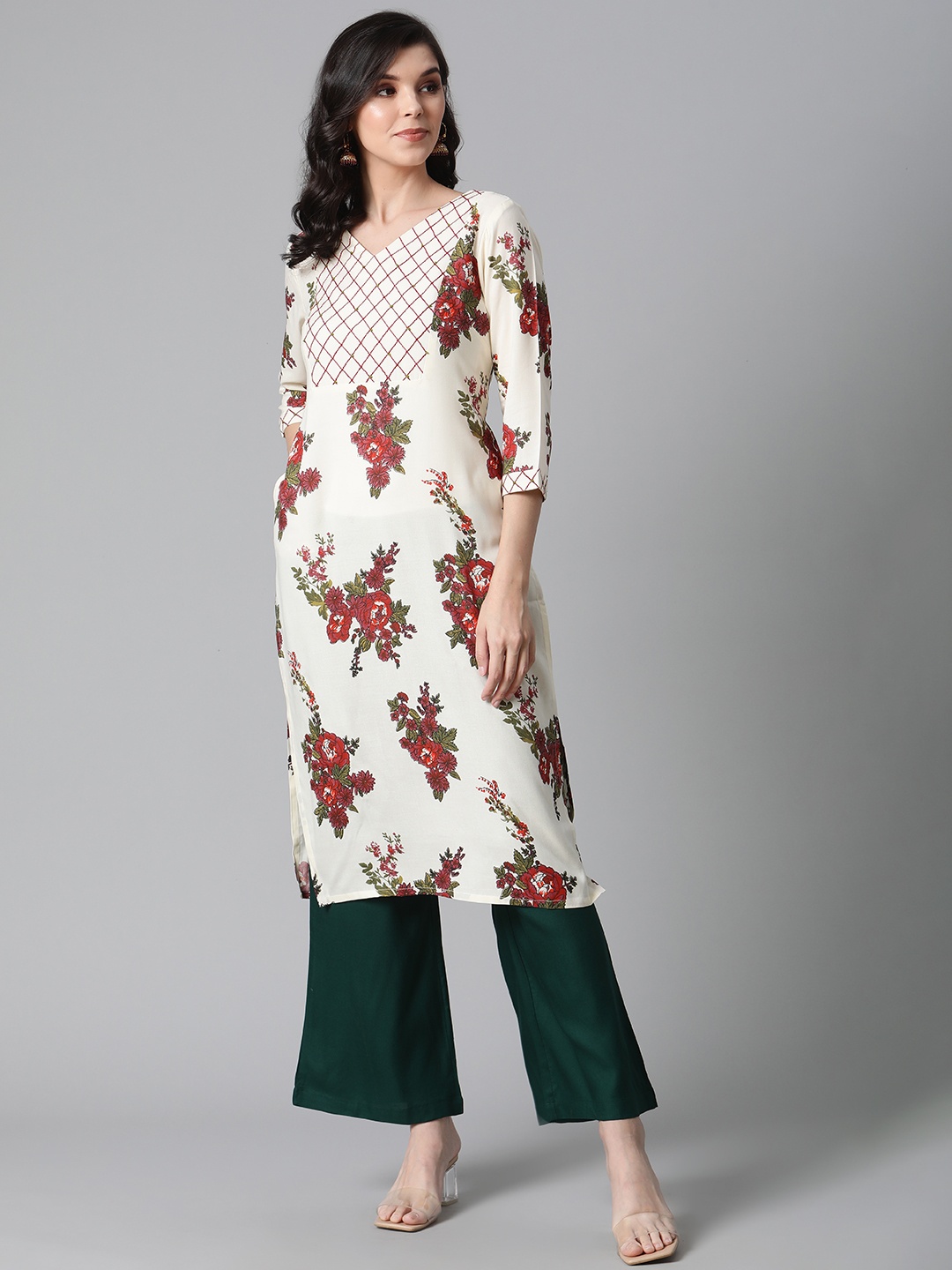 

clorals Women Off-White & Green Floral Printed Kurta with Palazzos