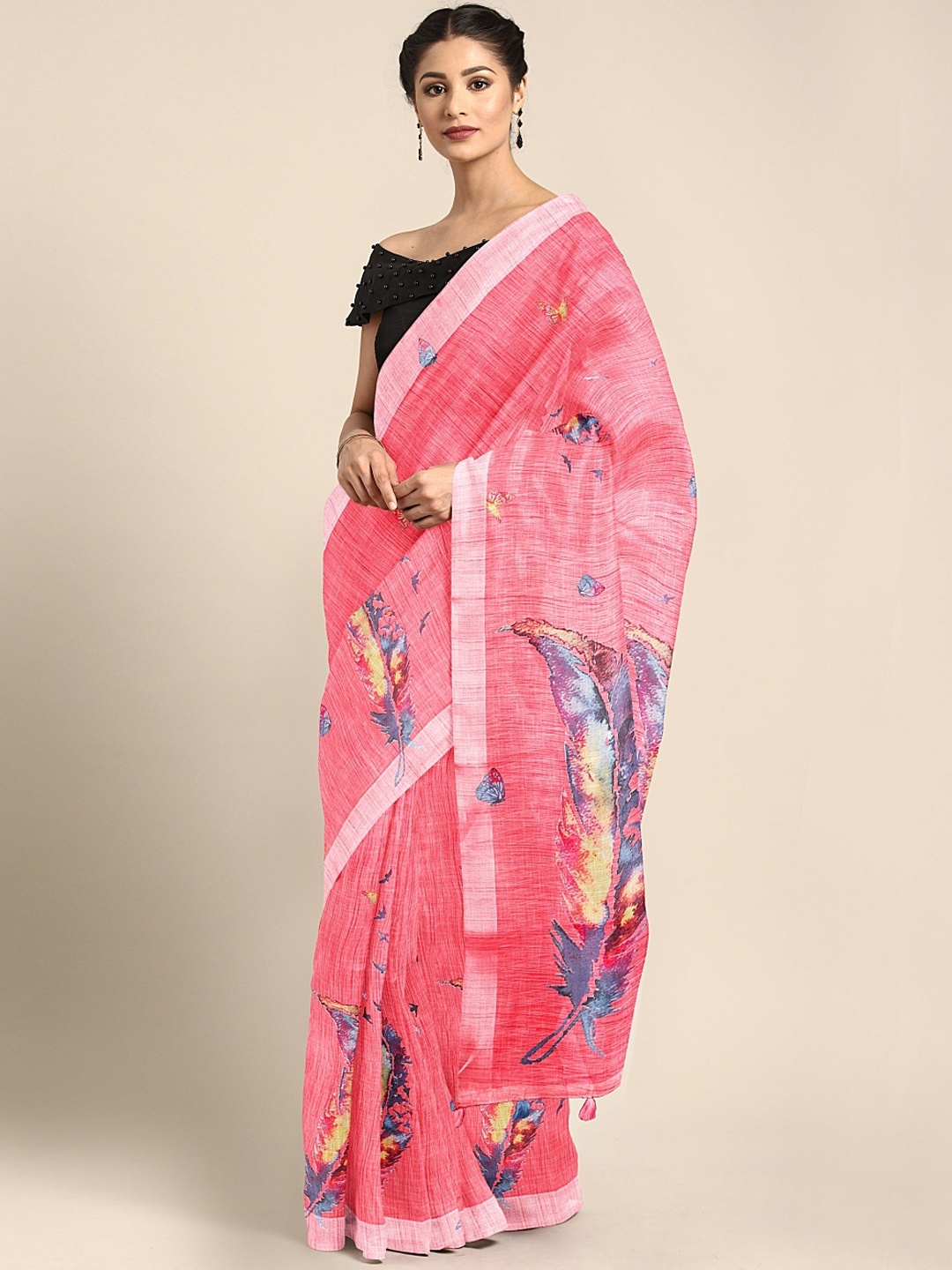 

Neerus Pink & Blue Linen Blend Printed Saree