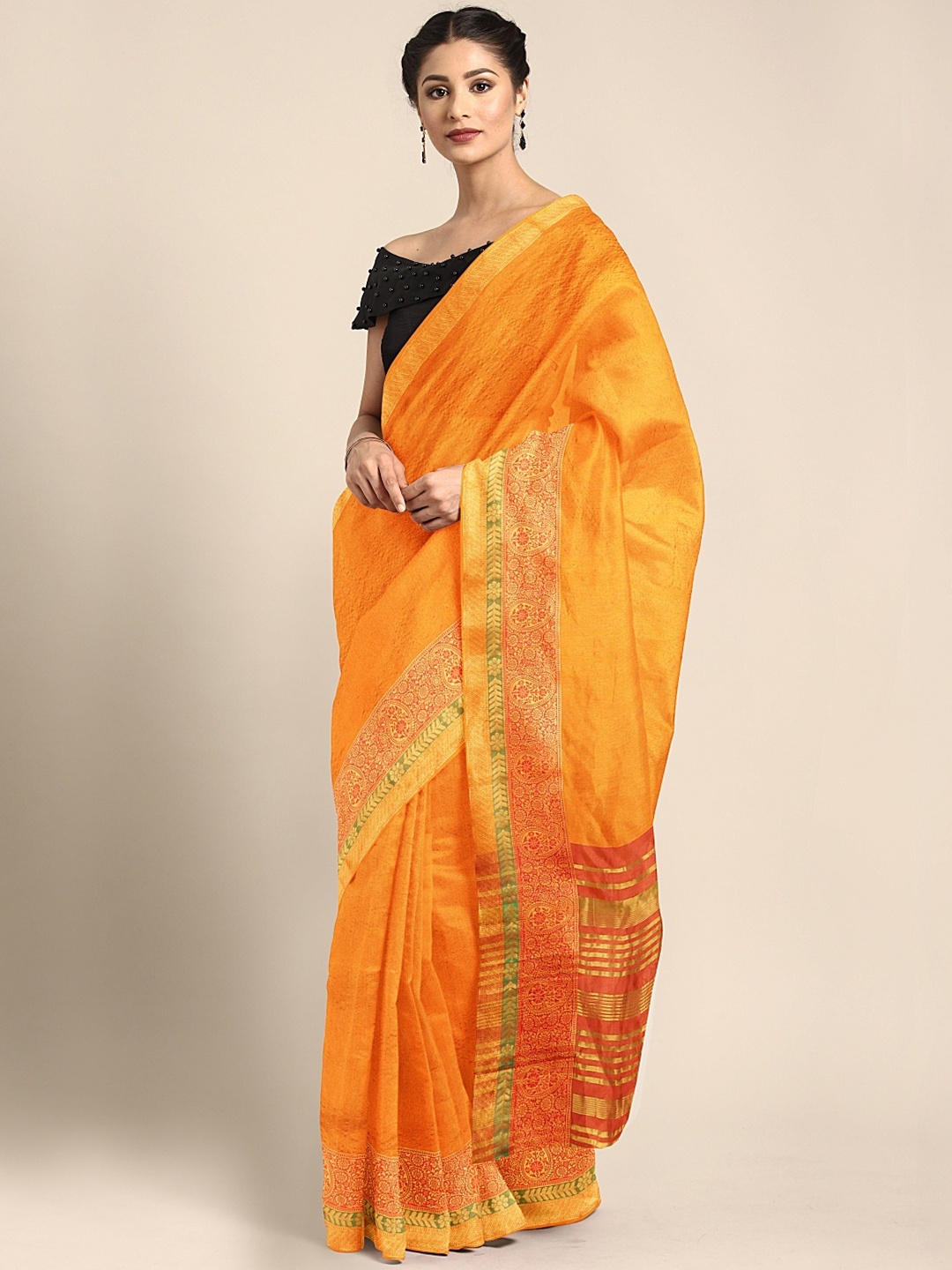 

Neerus Mustard & Gold-Toned Silk Cotton Solid Saree