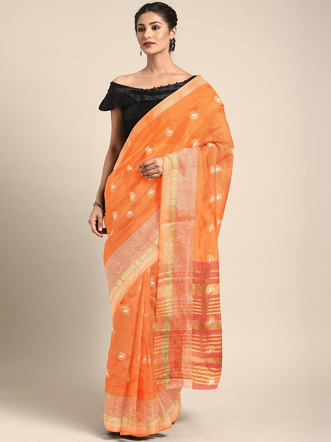 

Neerus Orange & Gold-Toned Silk Cotton Woven Design Saree