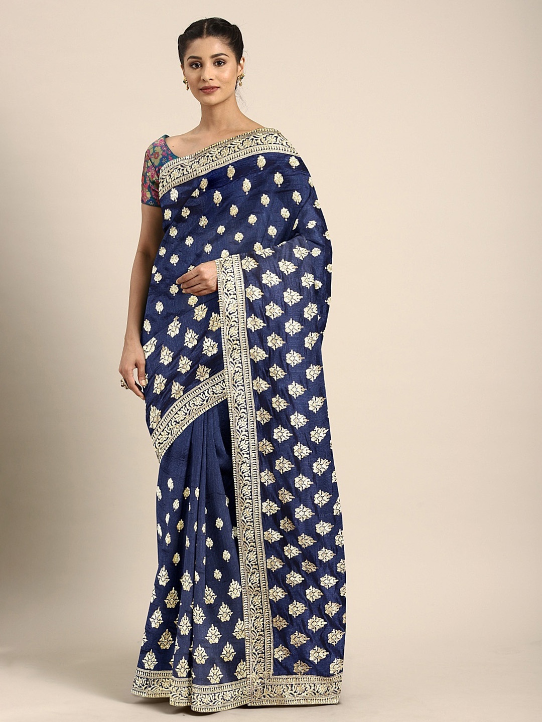 

Neerus Navy Blue & Gold-Toned Art Silk Woven Design Saree