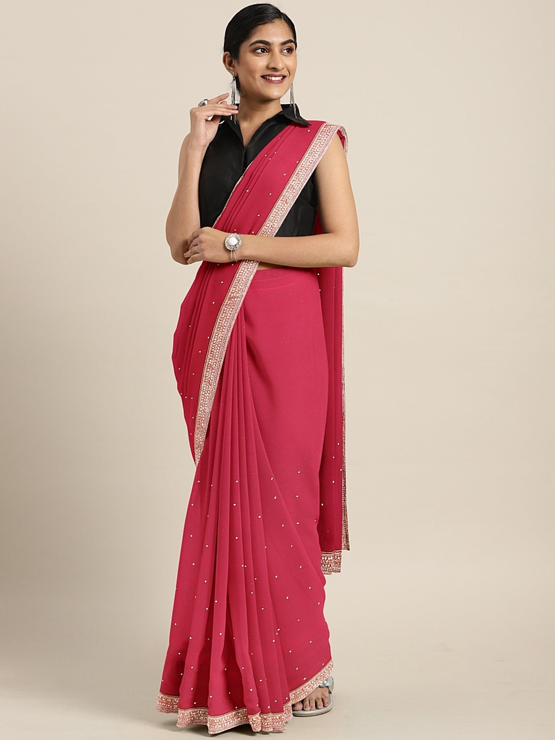 

Neerus Pink Embellished Poly Georgette Saree