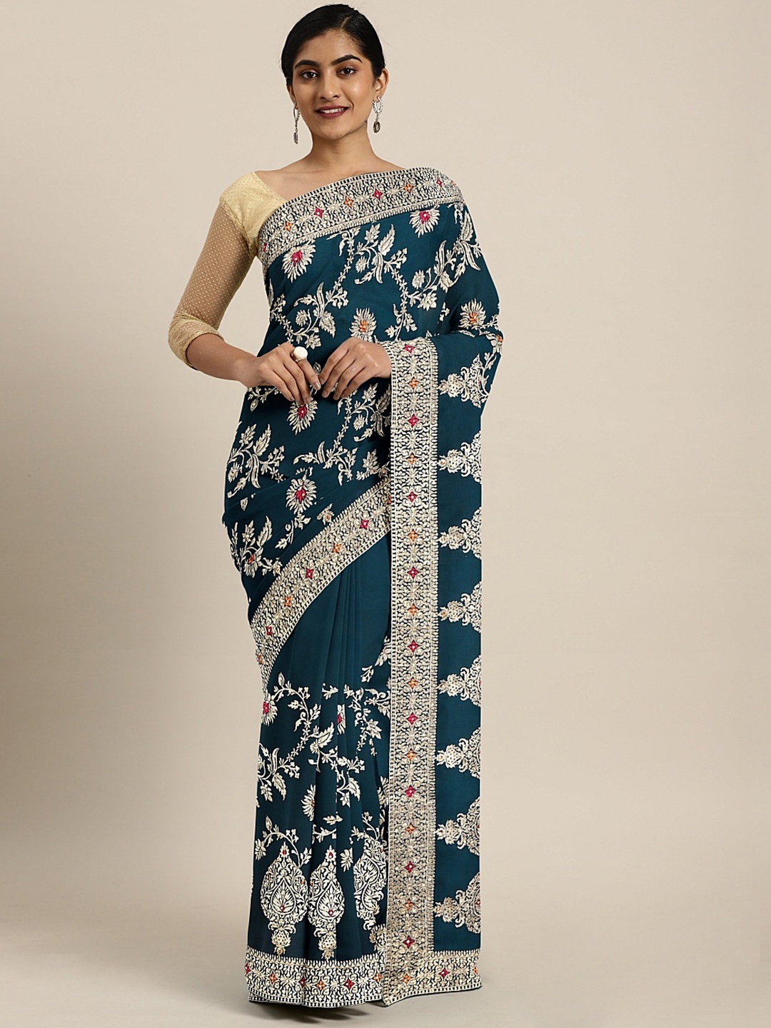 

Neerus Blue Printed Poly Georgette Saree