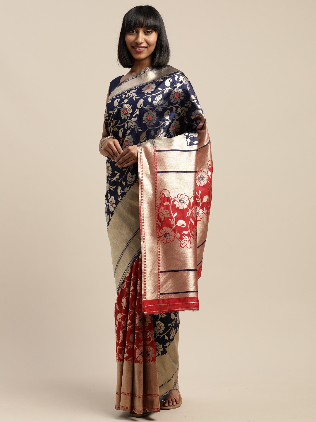 

Neerus Navy Blue & Gold-Toned Silk Cotton Woven Design Saree