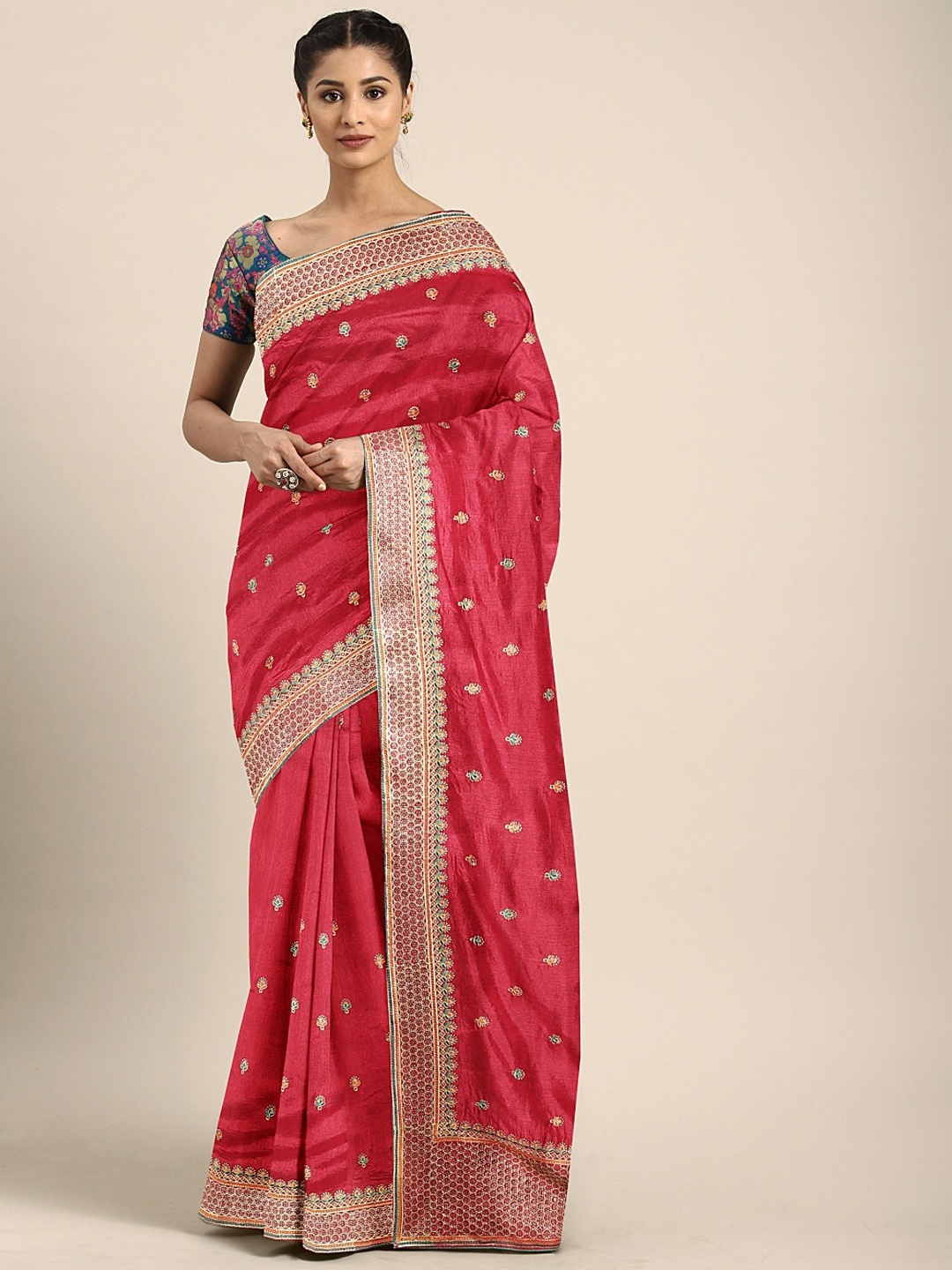

Neerus Pink Embroidered Art Silk Saree