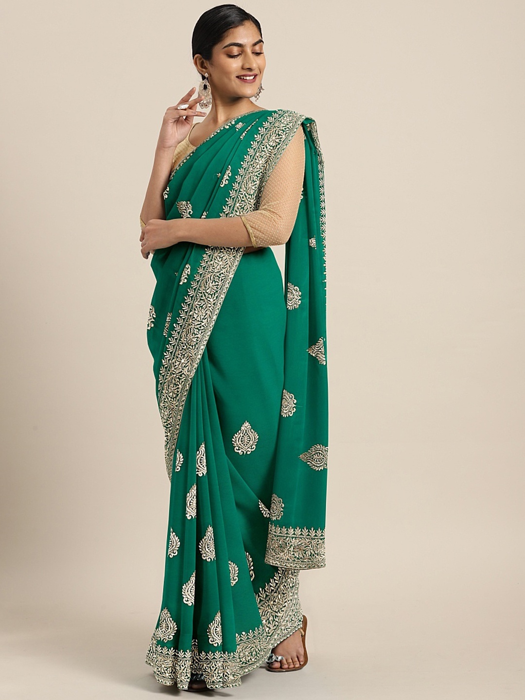 

Neerus Green Embroidered Poly Georgette Saree
