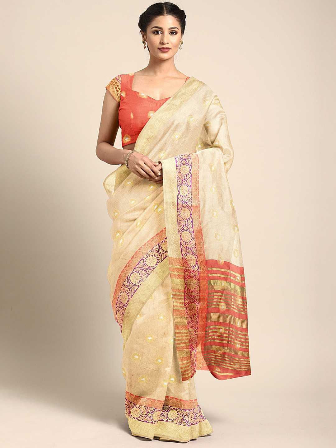 

Neerus Beige & Orange Silk Cotton Woven Design Saree