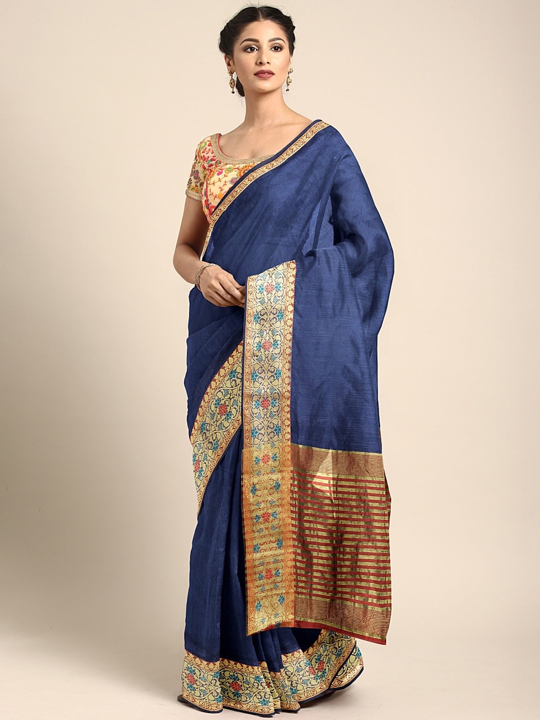 

Neerus Navy Blue & Gold-Toned Silk Cotton Solid Saree