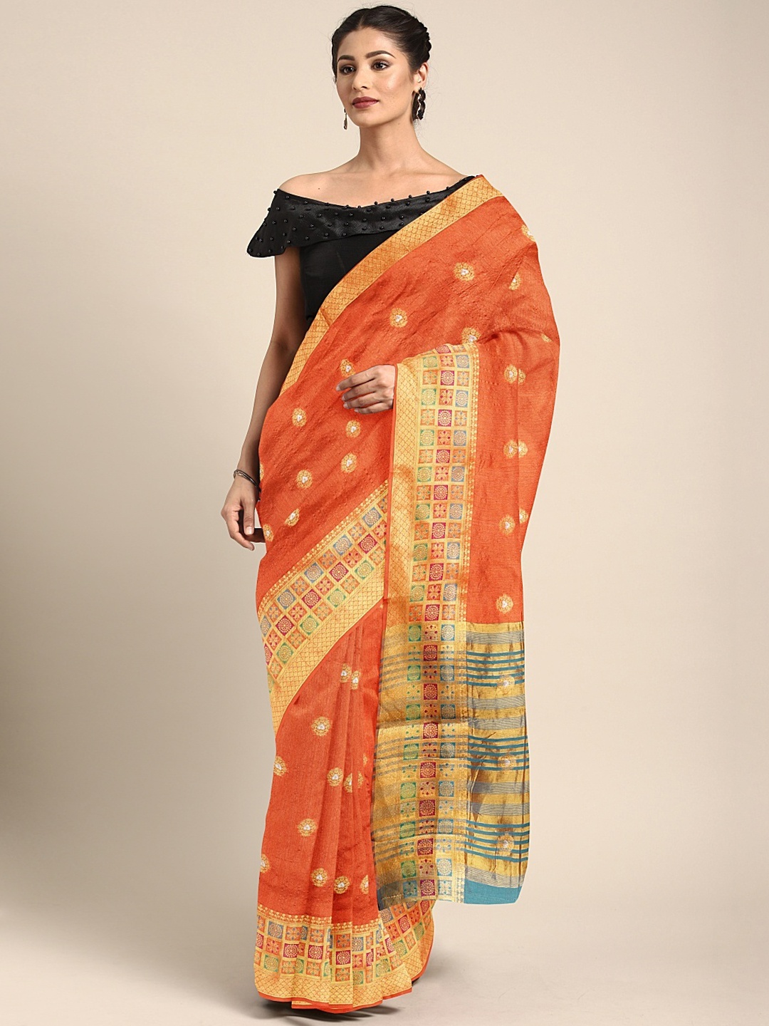 

Neerus Orange & Green Silk Cotton Woven Design Saree
