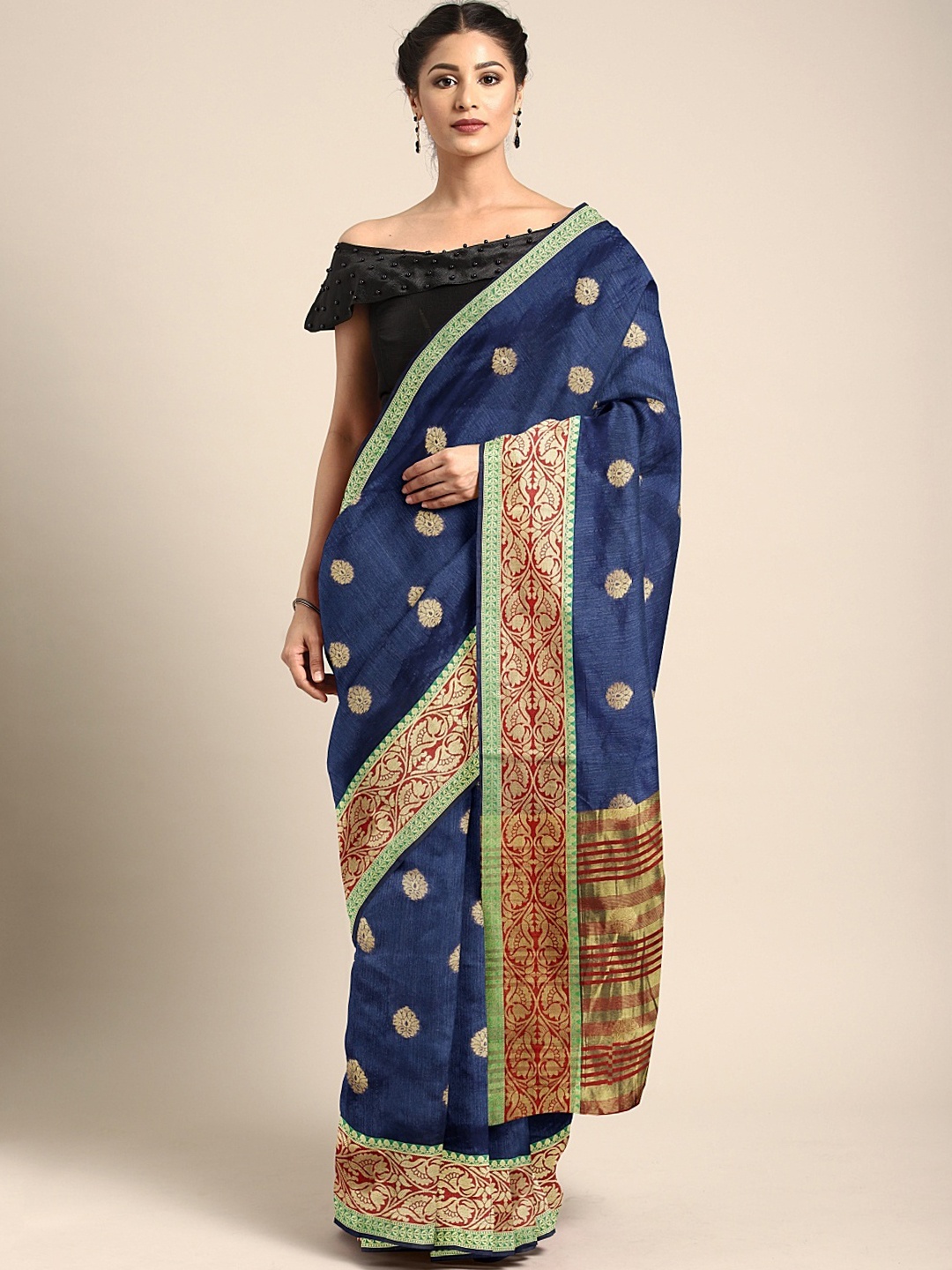 

Neerus Navy Blue & Gold-Toned Silk Cotton Woven Design Saree