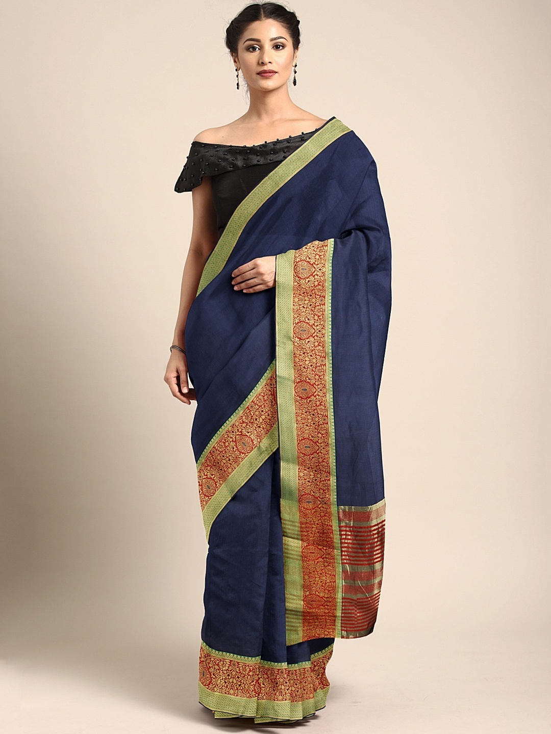 

Neerus Navy Blue & Red Silk Cotton Solid Saree