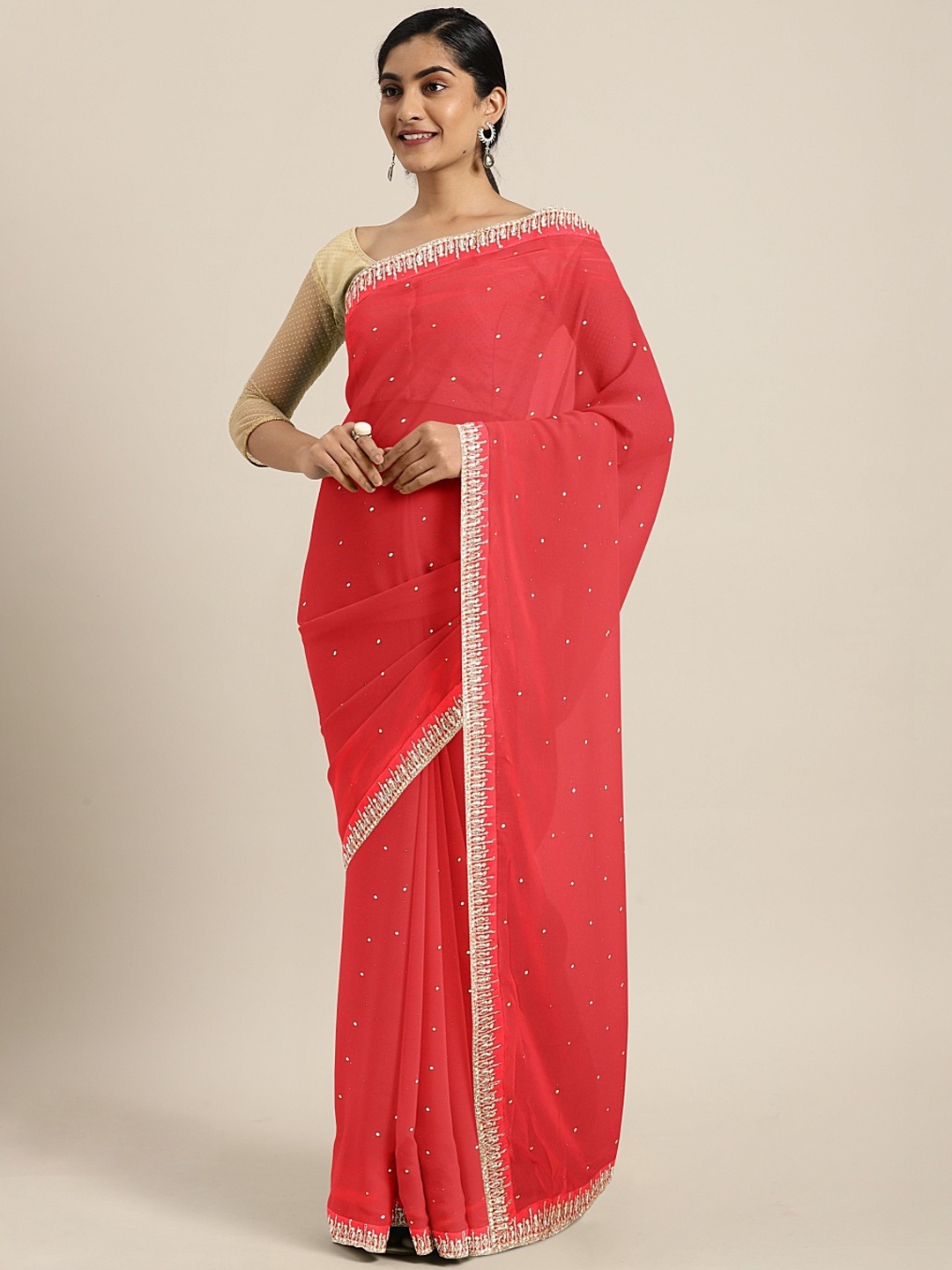 

Neerus Coral Embellished Poly Georgette Saree