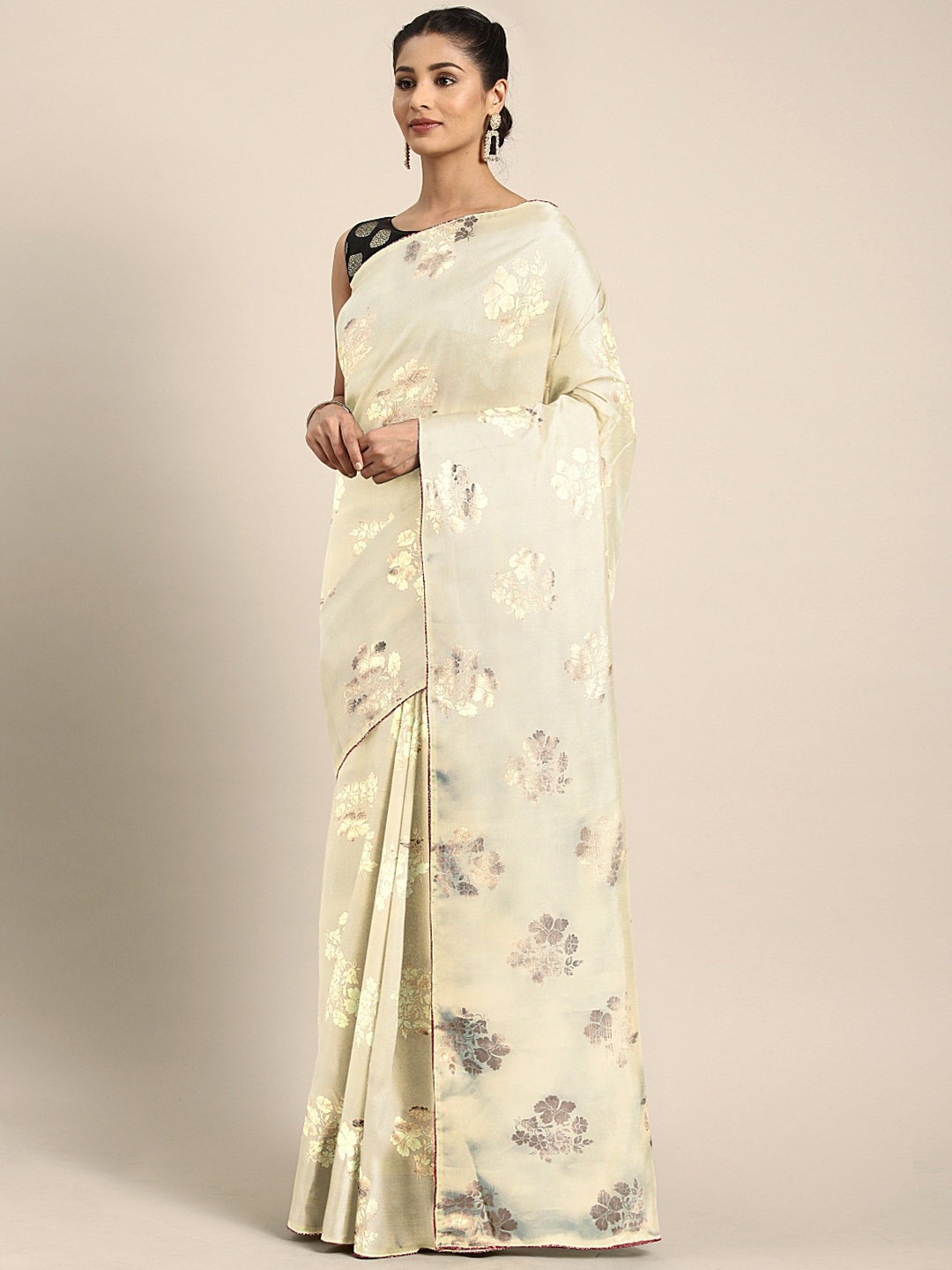 

Neerus Cream-Coloured & Golden Poly Crepe Floral Printed Saree