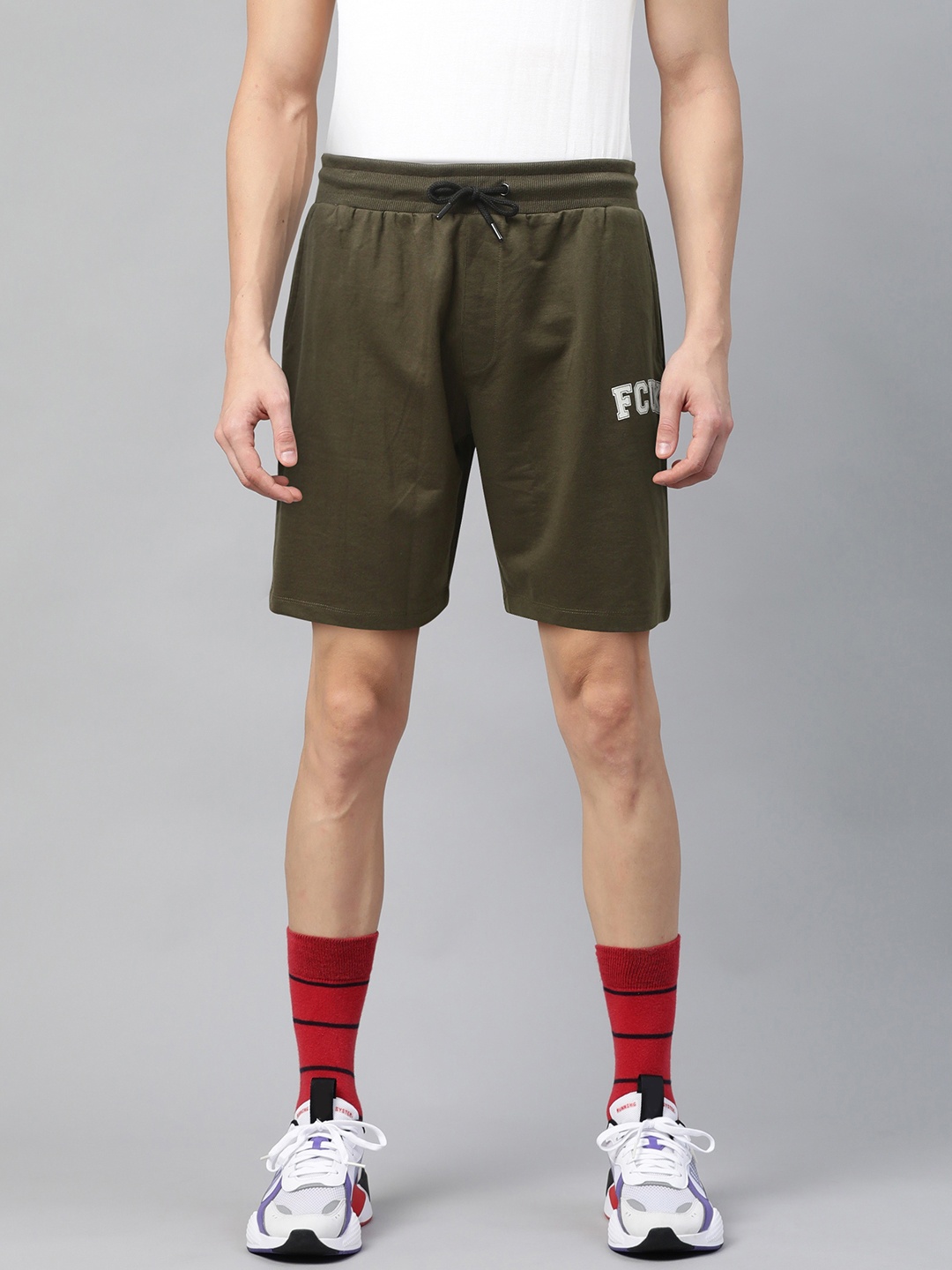 

French Connection Men Olive Green Solid Regular Fit Shorts with Brand Logo Print Detail