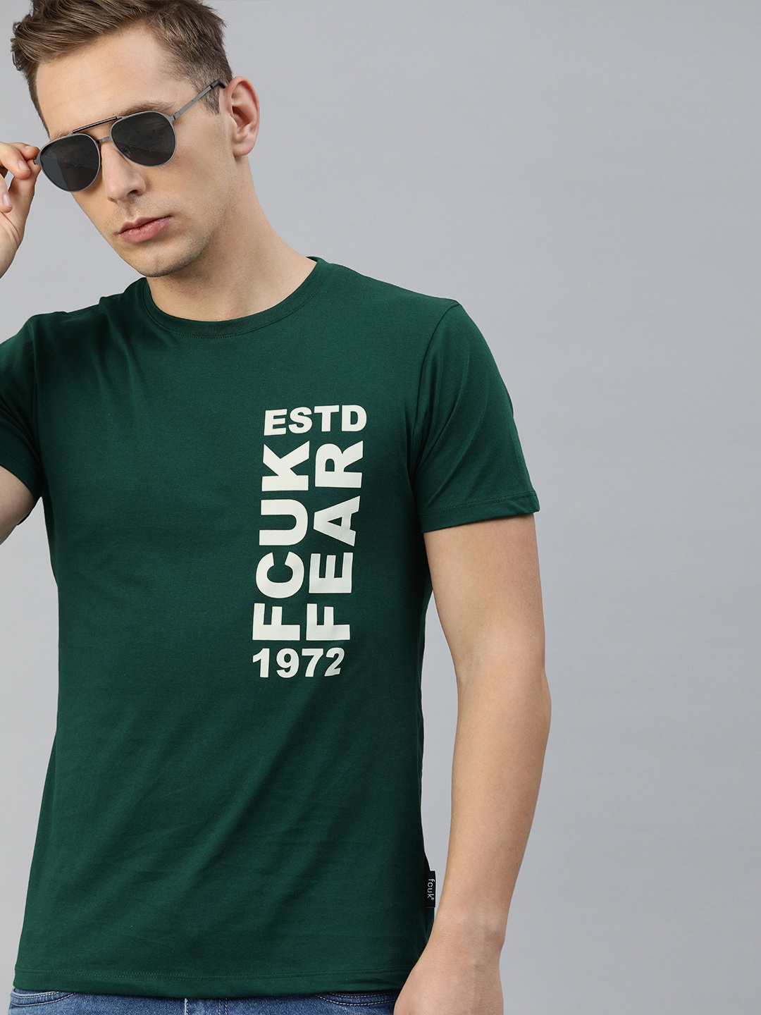 

French Connection Men Green Printed Round Neck Pure Cotton T-shirt
