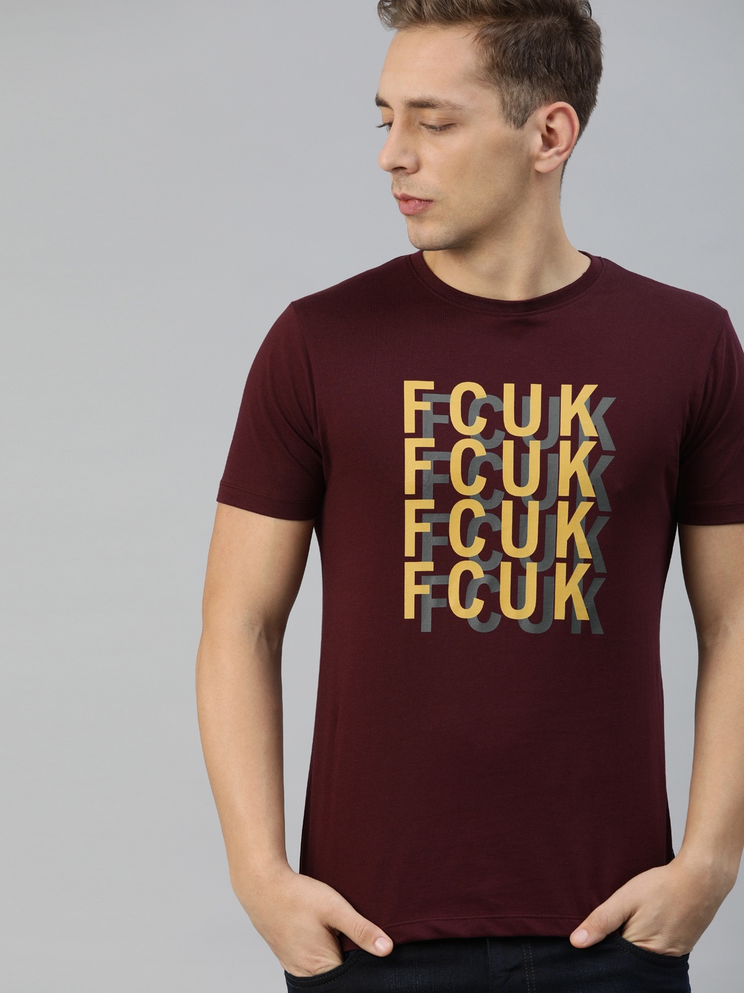 

French Connection Men Maroon Printed Round Neck Pure Cotton T-shirt