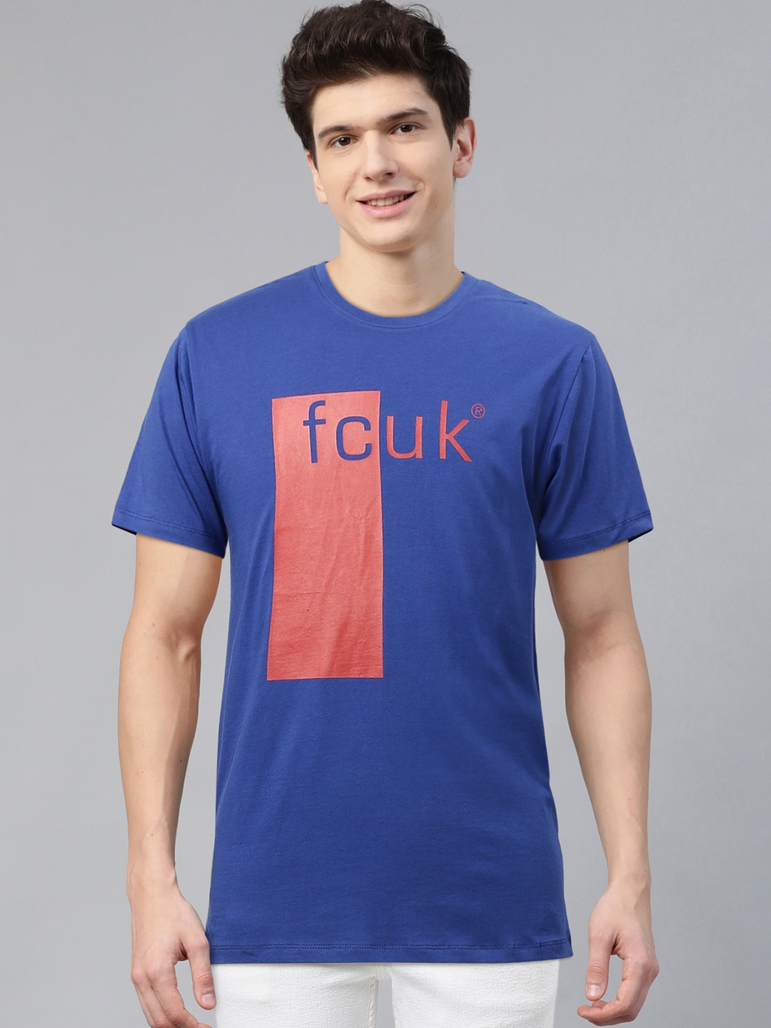 

French Connection Men Blue Maroon Brand Logo Printed Round Neck Pure Cotton T-shirt